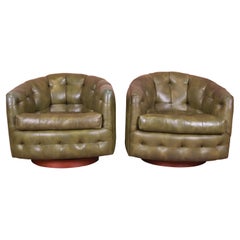 Milo Baughman for Thayer Coggin Tufted Barrel Back Swiveling Lounge Chairs, Pair