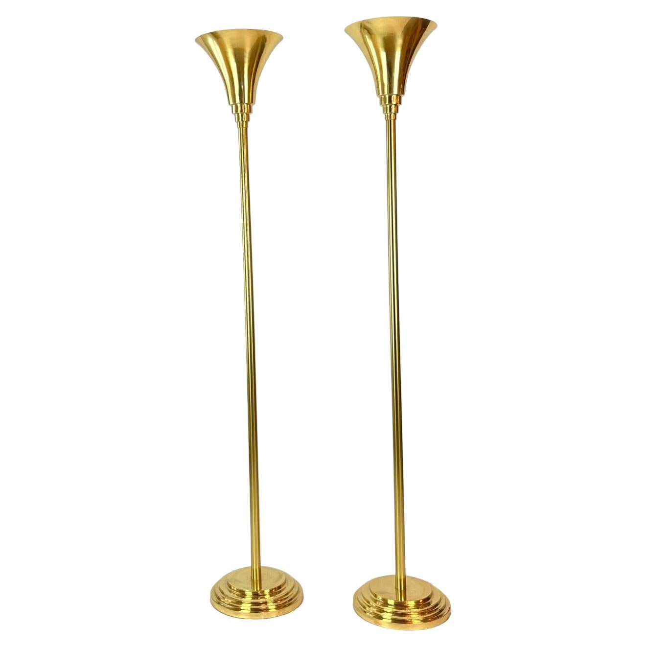 Pair of Brass Up Art Deco Uplighter Floor Lamps, France 1940s