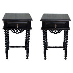 Pair of High Carved Spanish Nightstands with Solomonic Columns and Drawer