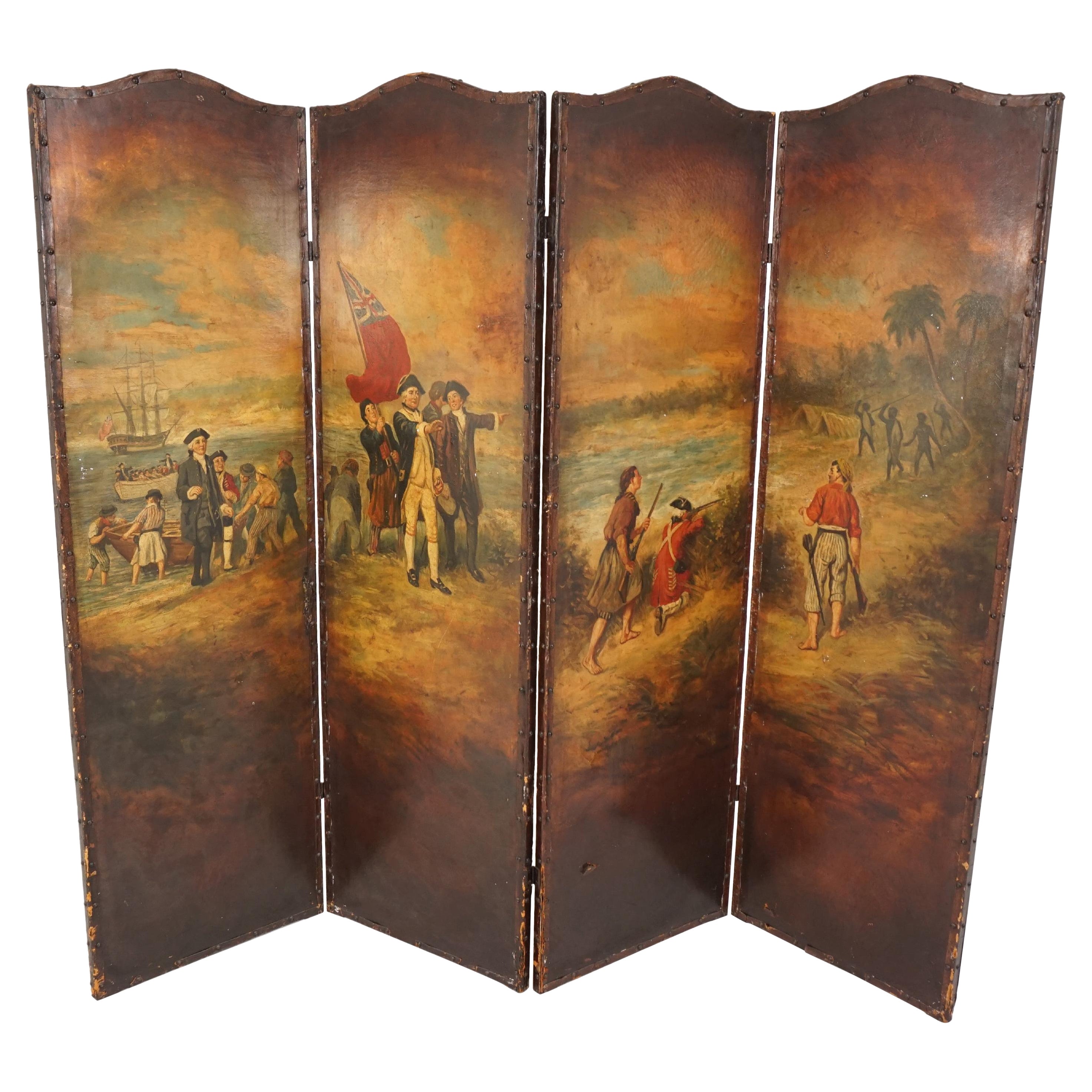 Victorian 4 Panel Hand Painted Folding Screen, Captain Cook, England 1902 H319