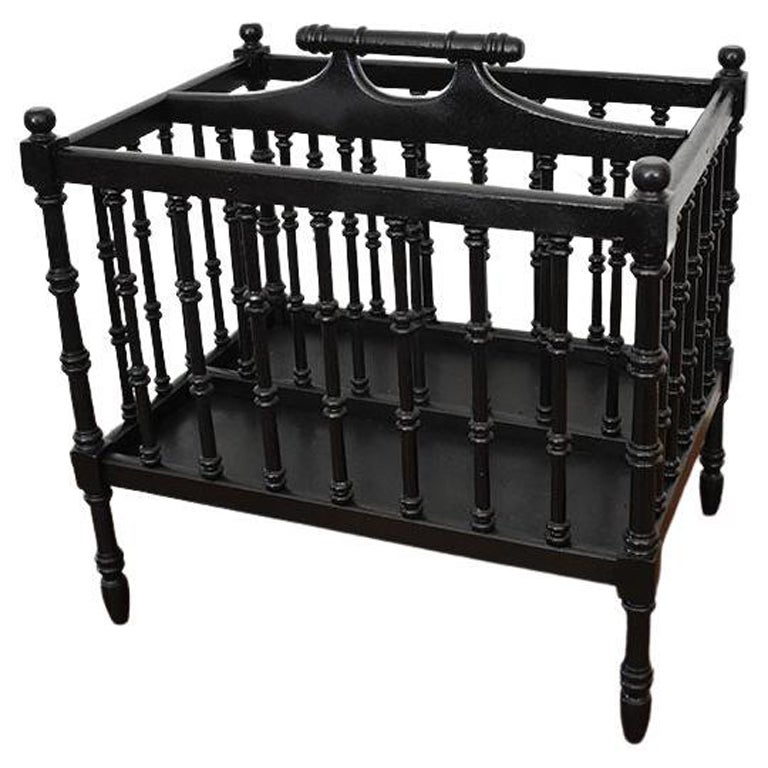 Antique English Victorian Black Stick and Ball Spindle Magazine Rack Canterbury For Sale