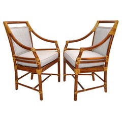 McGuire Mid-Century Modern Bamboo & Cane Armchair Dining Chair Leather, Pair