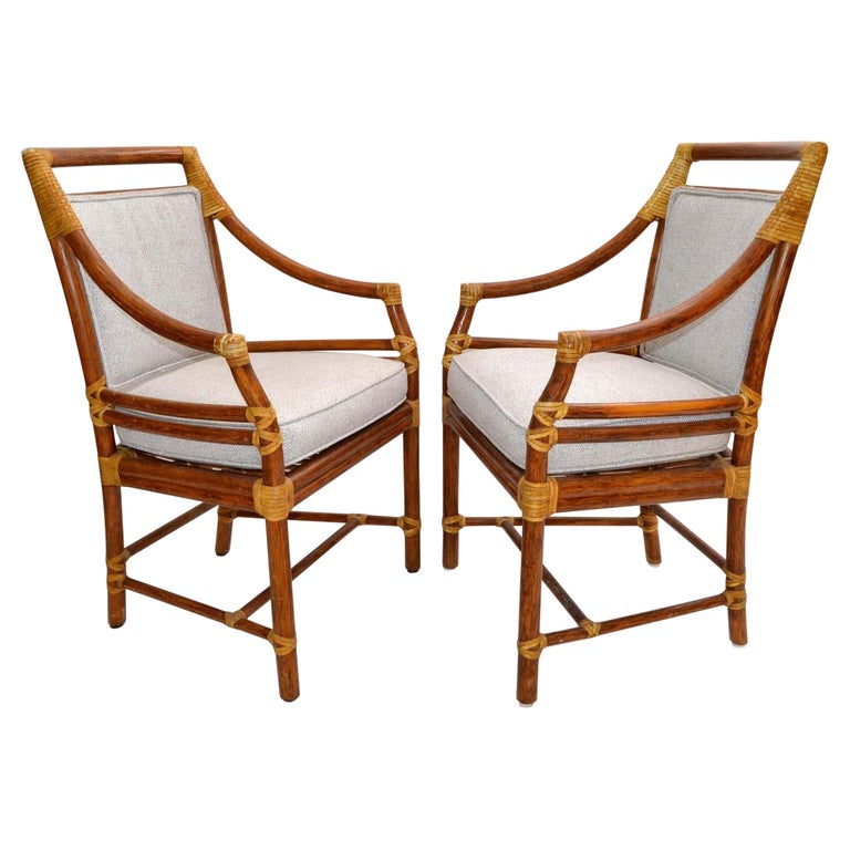 McGuire Mid-Century Modern Bamboo & Cane Armchair Dining Chair Leather, Pair For Sale