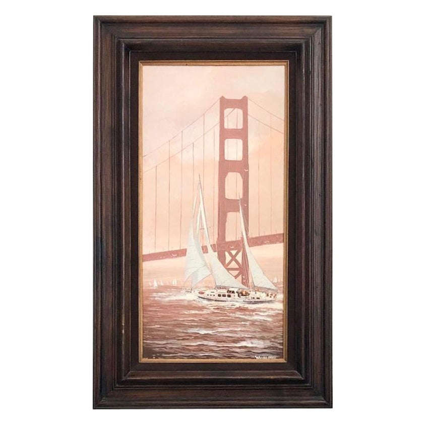 Vintage San Francisco Golden Gate Bridge Seascape Oil Painting