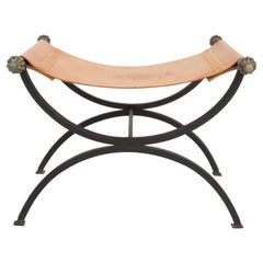 Banc ou tabouret Savonarola X en fer forgé italien du milieu du siècle, cuir et bronze 