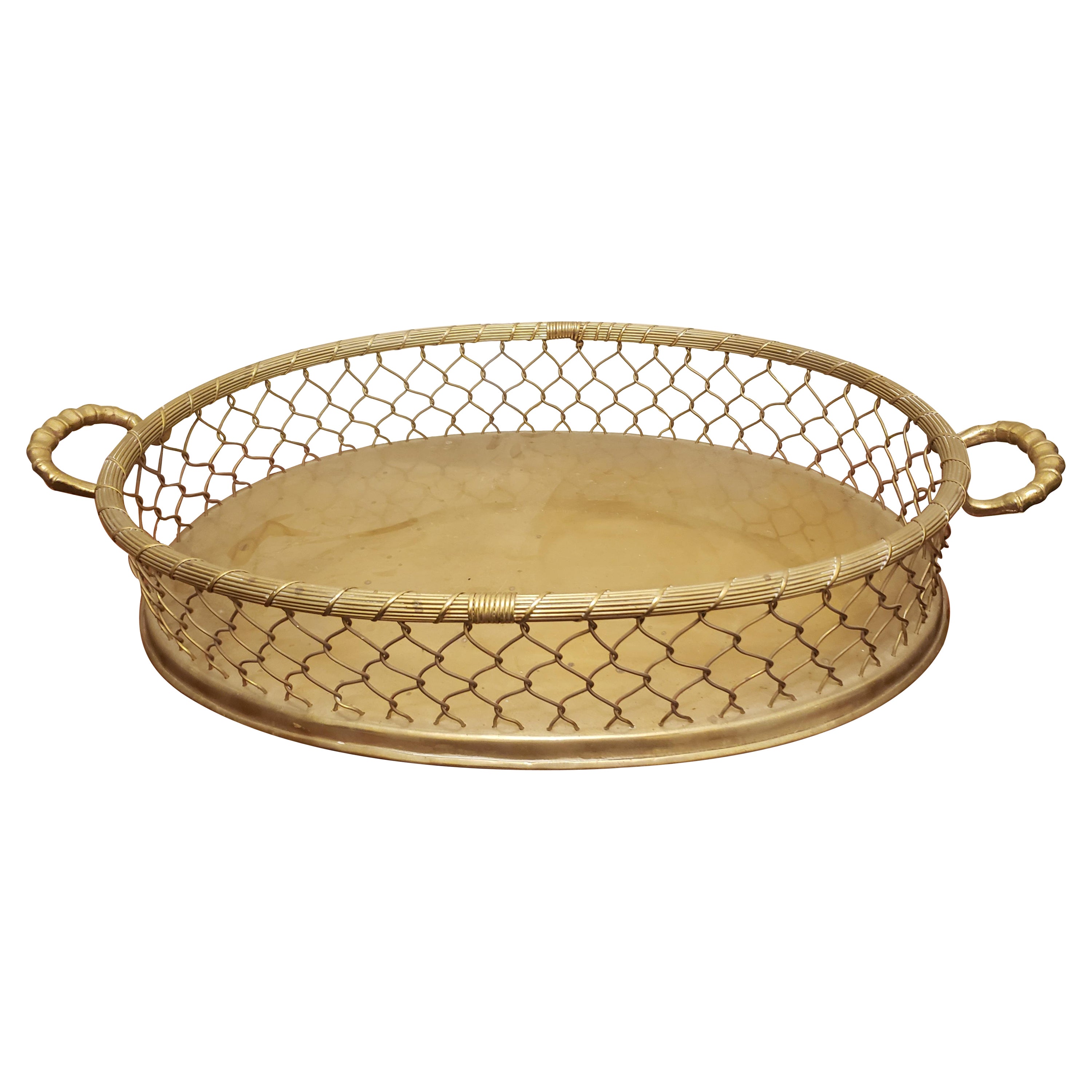 Hollywood Regency Heavy Brass Wire Mesh Oval Serving Tray