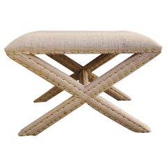 Billy Baldwin Style X Base Bench Upholstered in Organic Burlap with Brass Studs