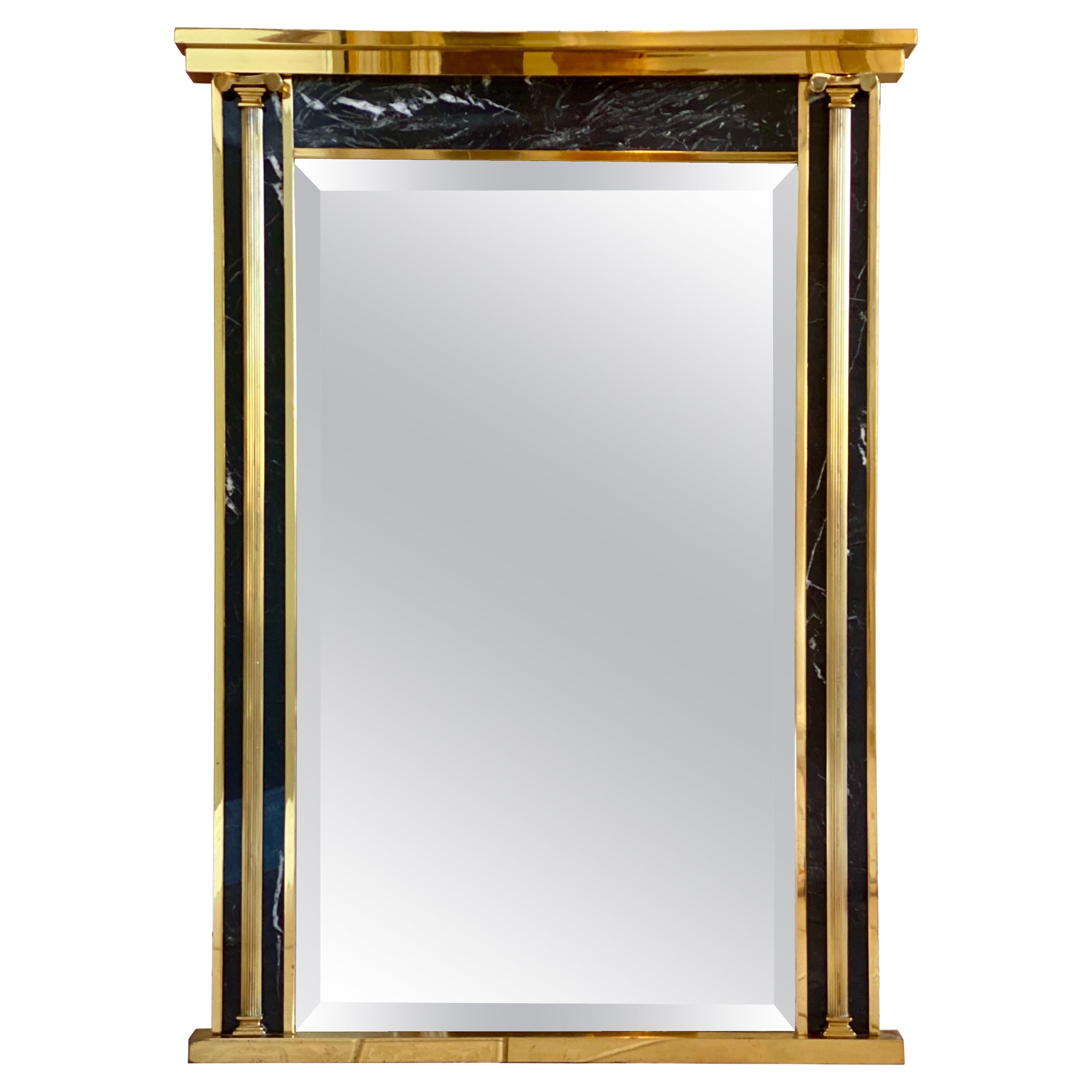 1970s Art Deco La Barge Modern Empire Style Brass and Marble Mirror For Sale
