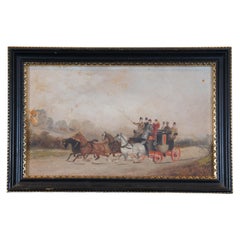 1894 Antique English Georgian Stagecoach Landscape Oil Painting Horses Wagon