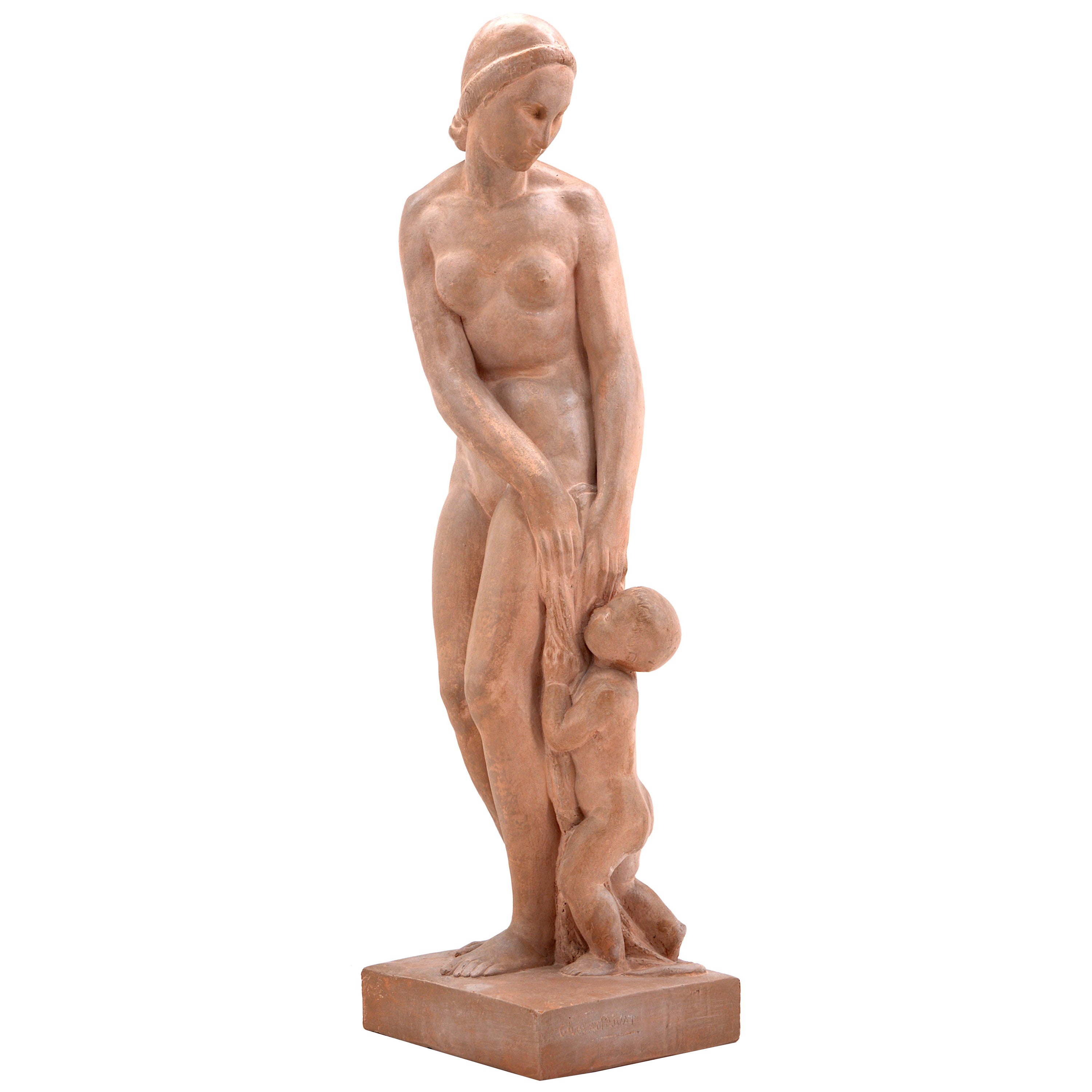 Gilbert Privat, French Art Deco Bather with Child, Terracotta Sculpture, 1920s