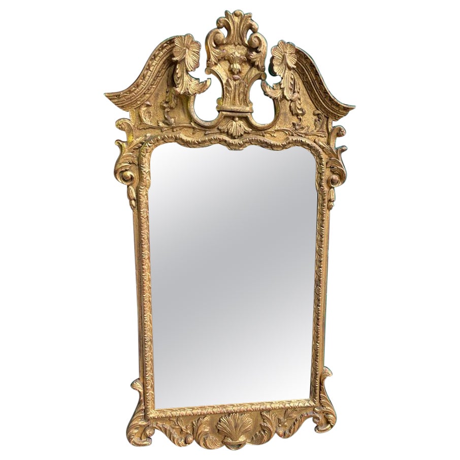 19th Century Gold Gilt Mirror with Prince of Wales Feather and Floral Carvings