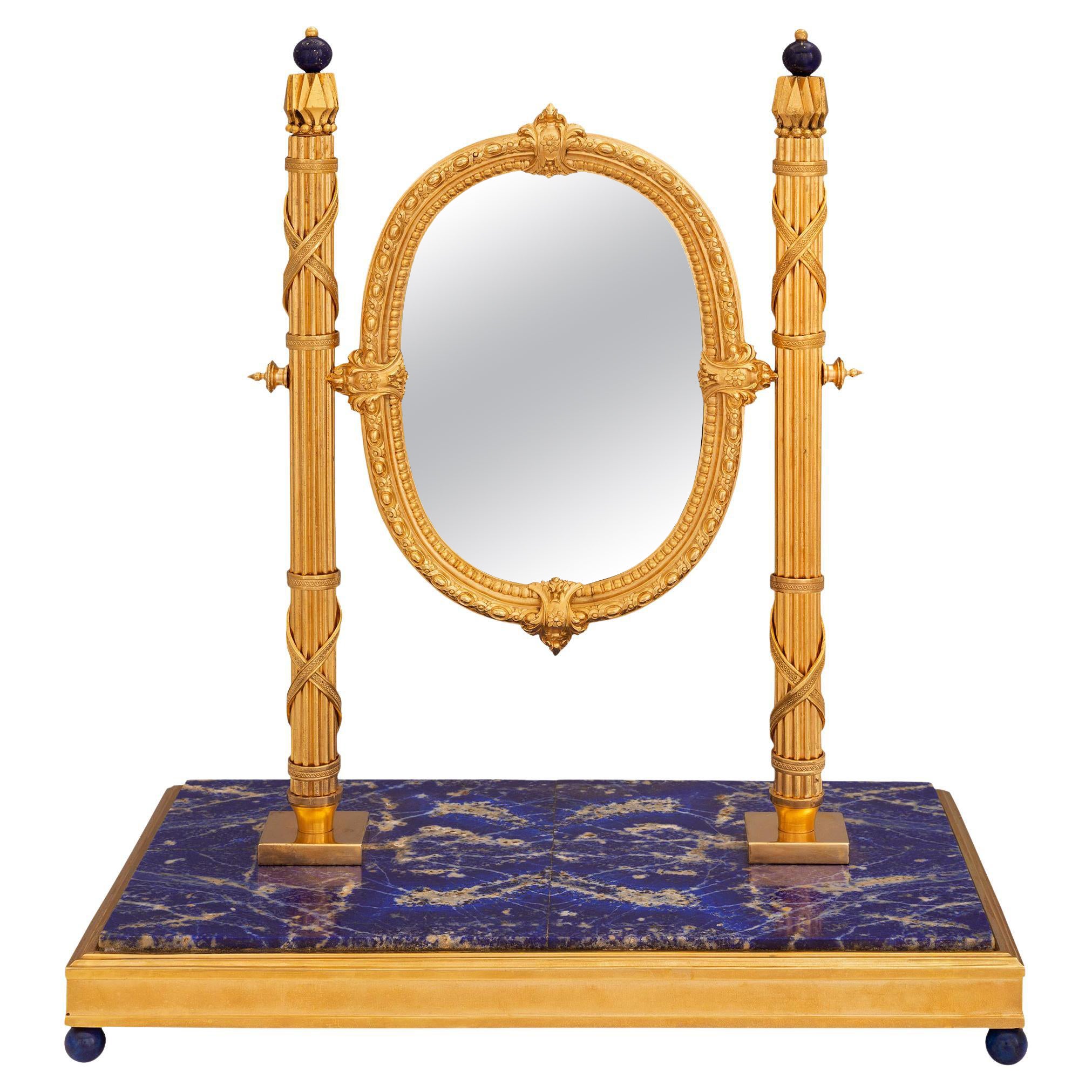 French 19th Century Louis XVI St. Ormolu and Lapis Lazuli Marble Vanity Mirror For Sale