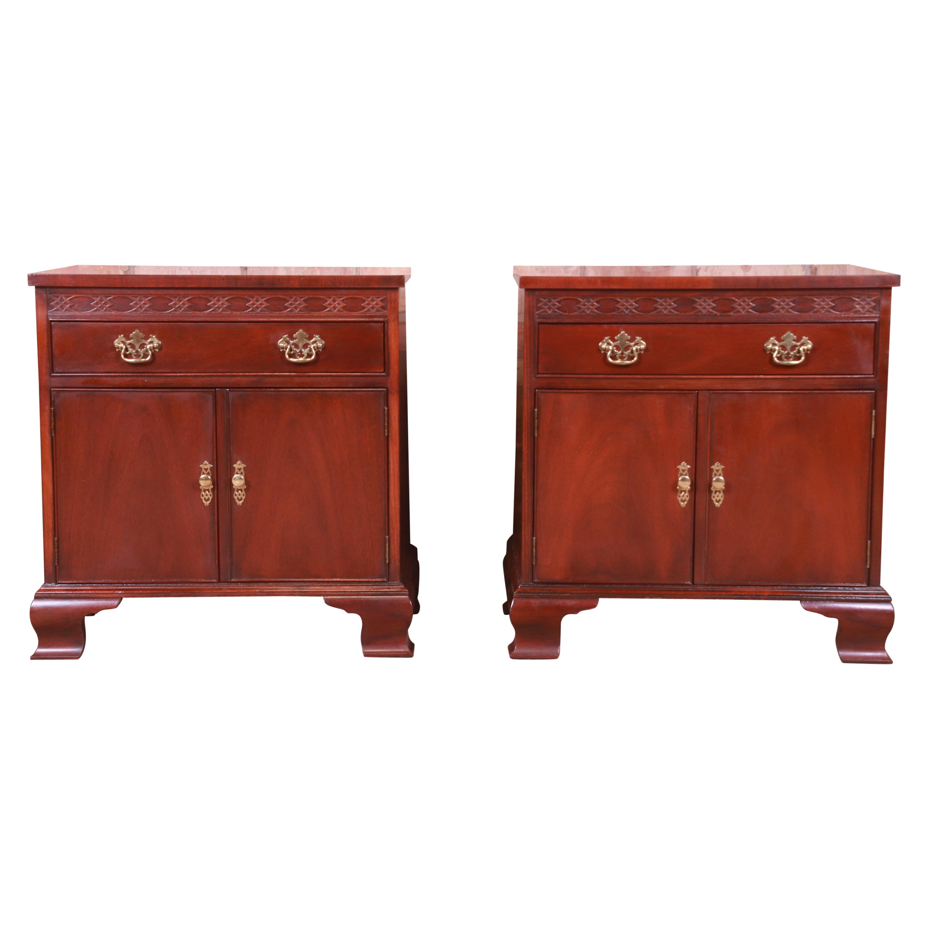 Baker Furniture Chippendale Carved Mahogany Nightstands, Pair