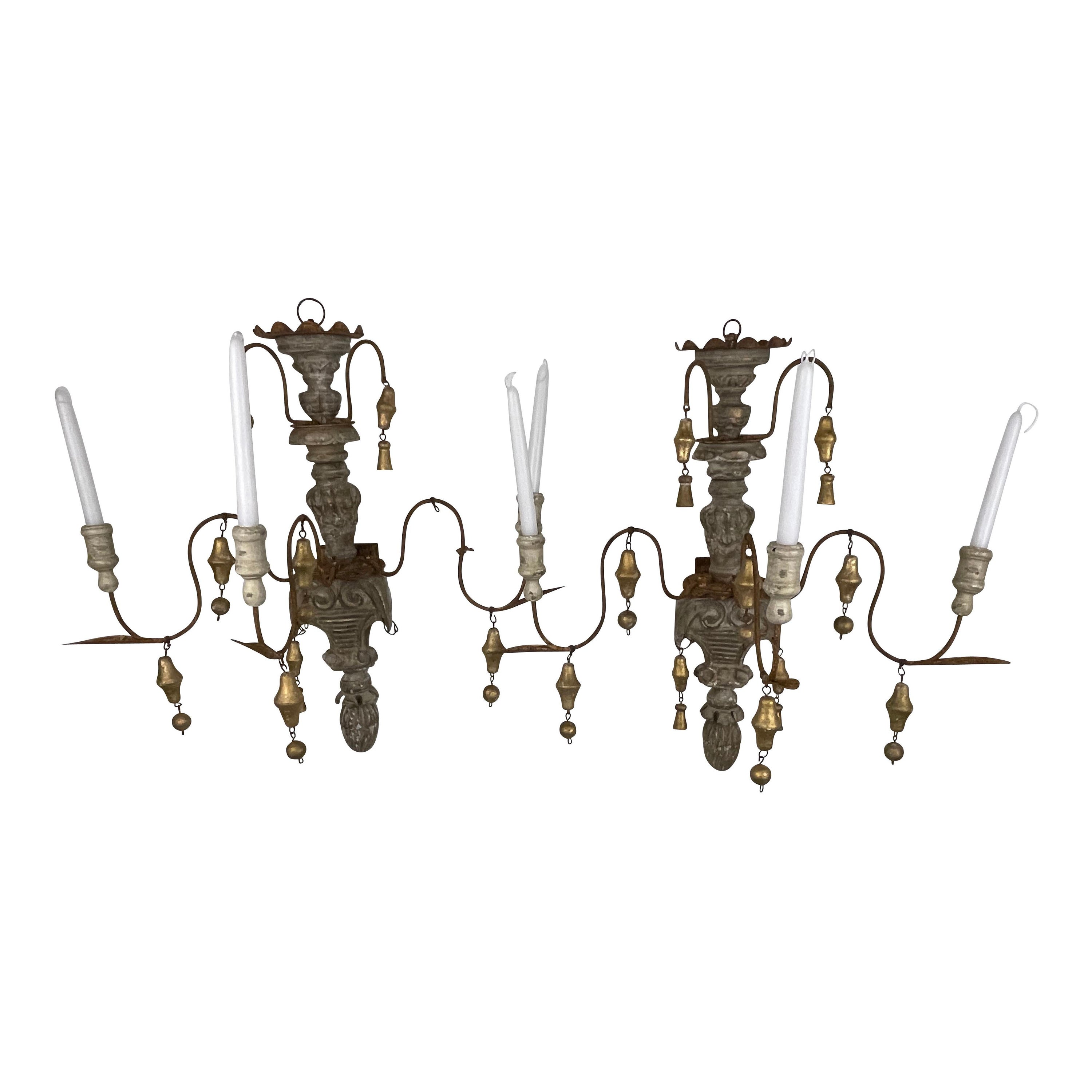 French Country Rustic Grey and Gilt Wood Wall Sconces