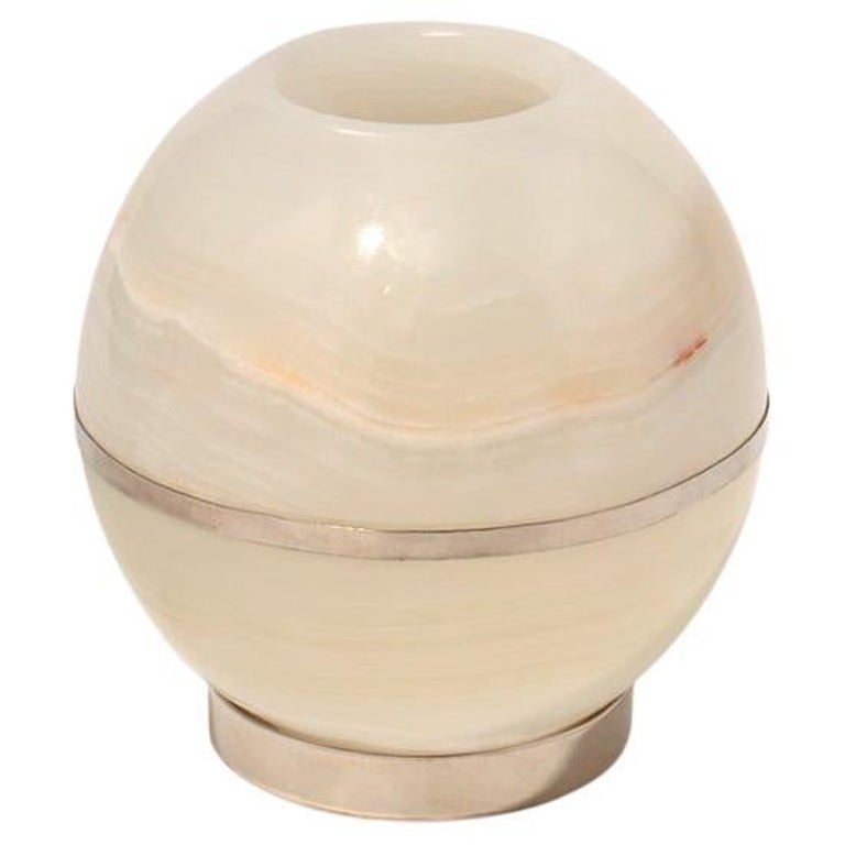 SALTA Medium Round Candleholder, Alpaca Silver & Cream Natural Onyx Stone For Sale