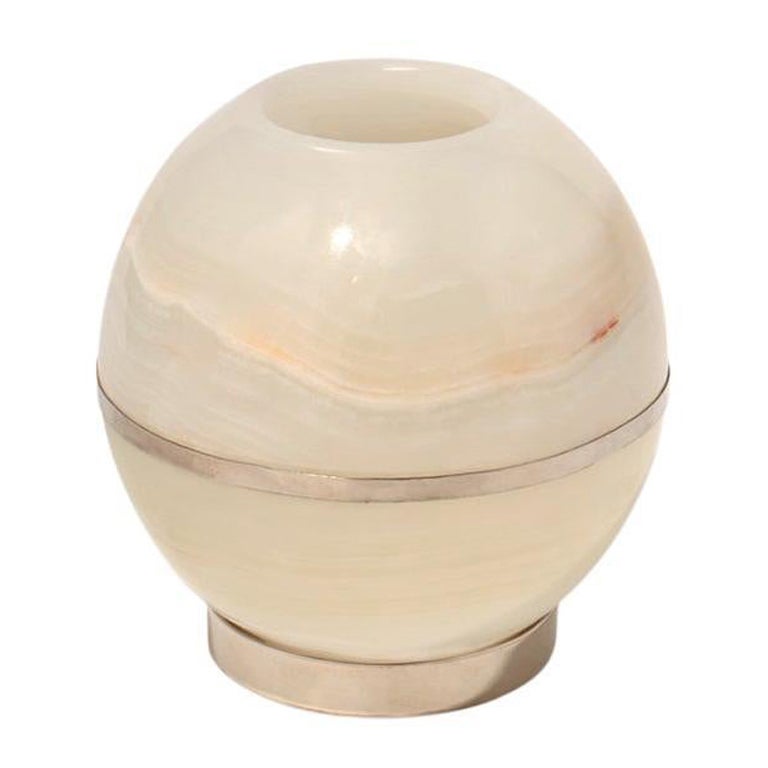 SALTA Large Round Candleholder, Alpaca Silver & Cream Natural Onyx Stone For Sale