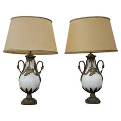 Rare Italian Art Nouveau White Marble and Gilded Bronze Pair fo Table Lamps