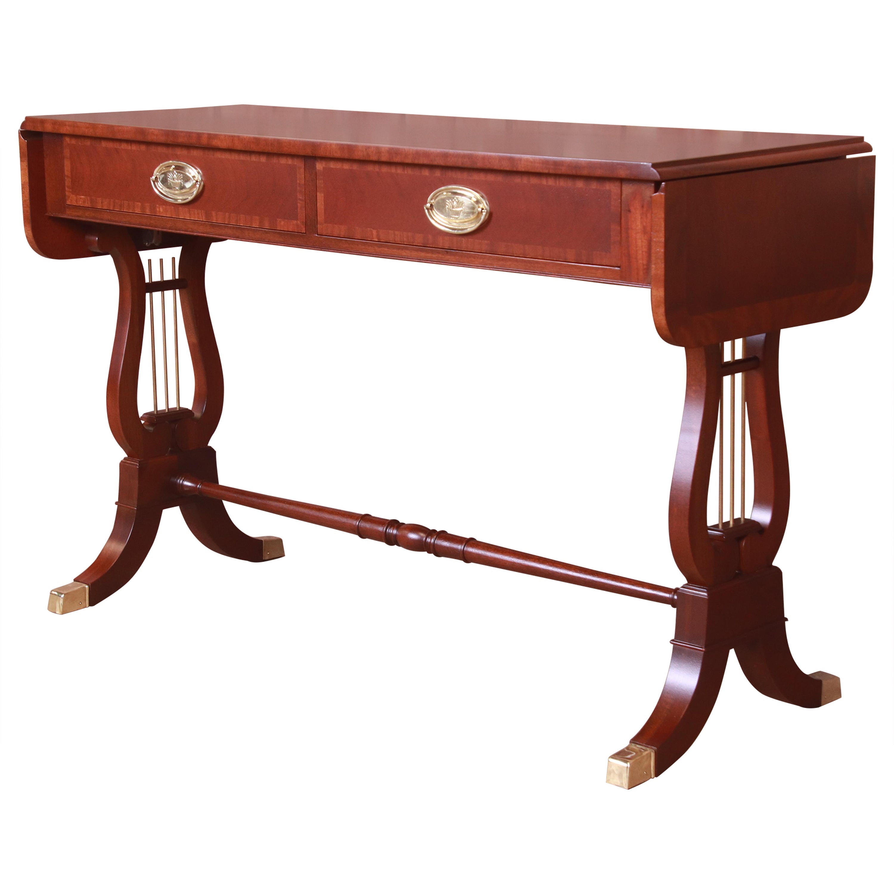 Baker Furniture English Regency Mahogany Lyre Base Console Table, Refinished