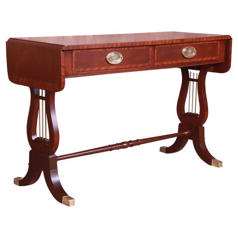 Baker Furniture English Regency Mahogany Lyre Base Console Table, Refinished For Sale