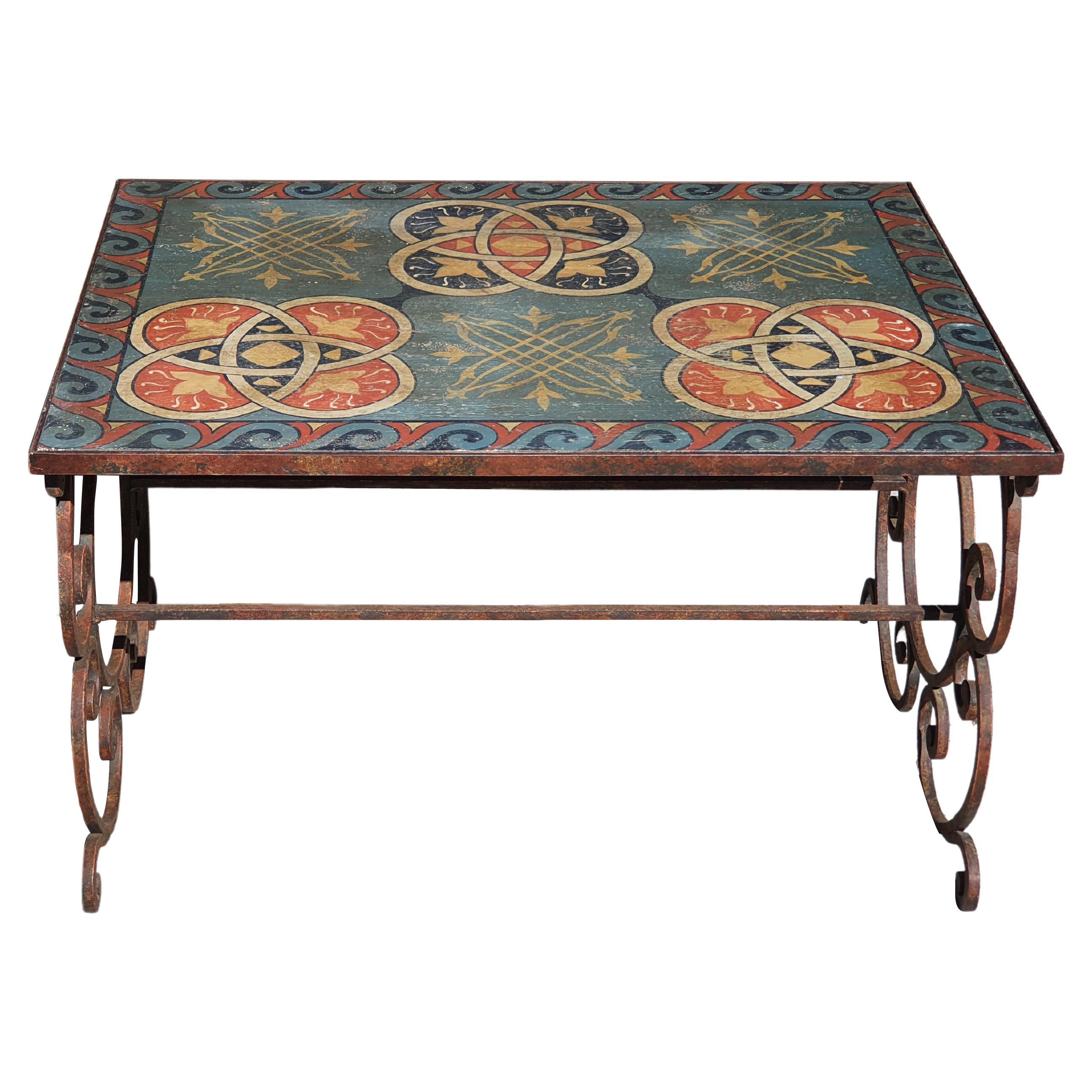 21st Century Italian Wrought Iron and Hand-Painted Wood Coffee Table, 2010 For Sale