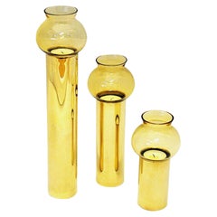 Scandinavian Retro Set of Three Brass Candleholders with Glass Shades 1960s