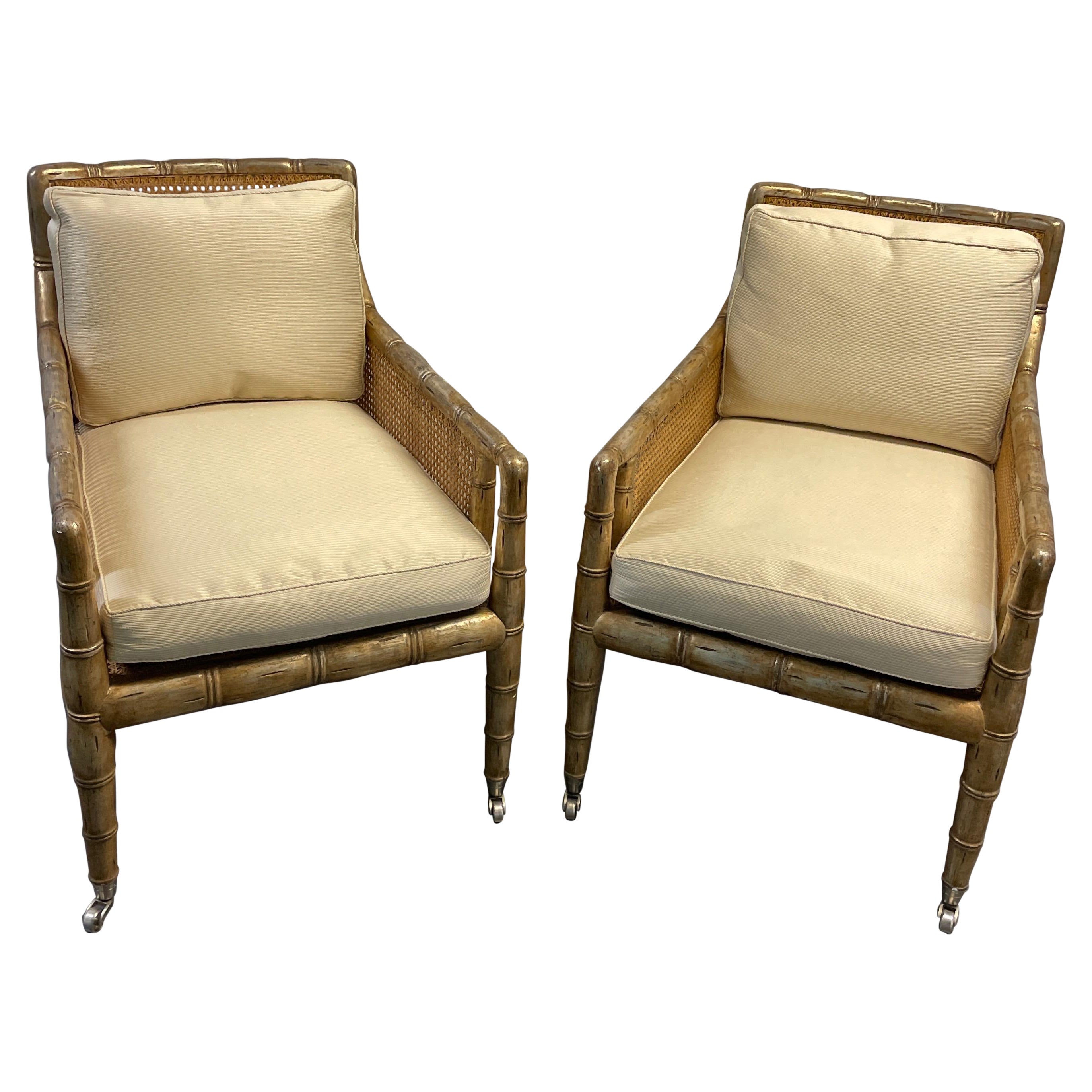 Pair of Gilded Faux Bamboo Hollywood Regency Style Armchairs