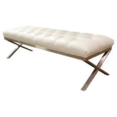 Contemporary Modernist Tufted White Vinyl on Chrome Bench Seat