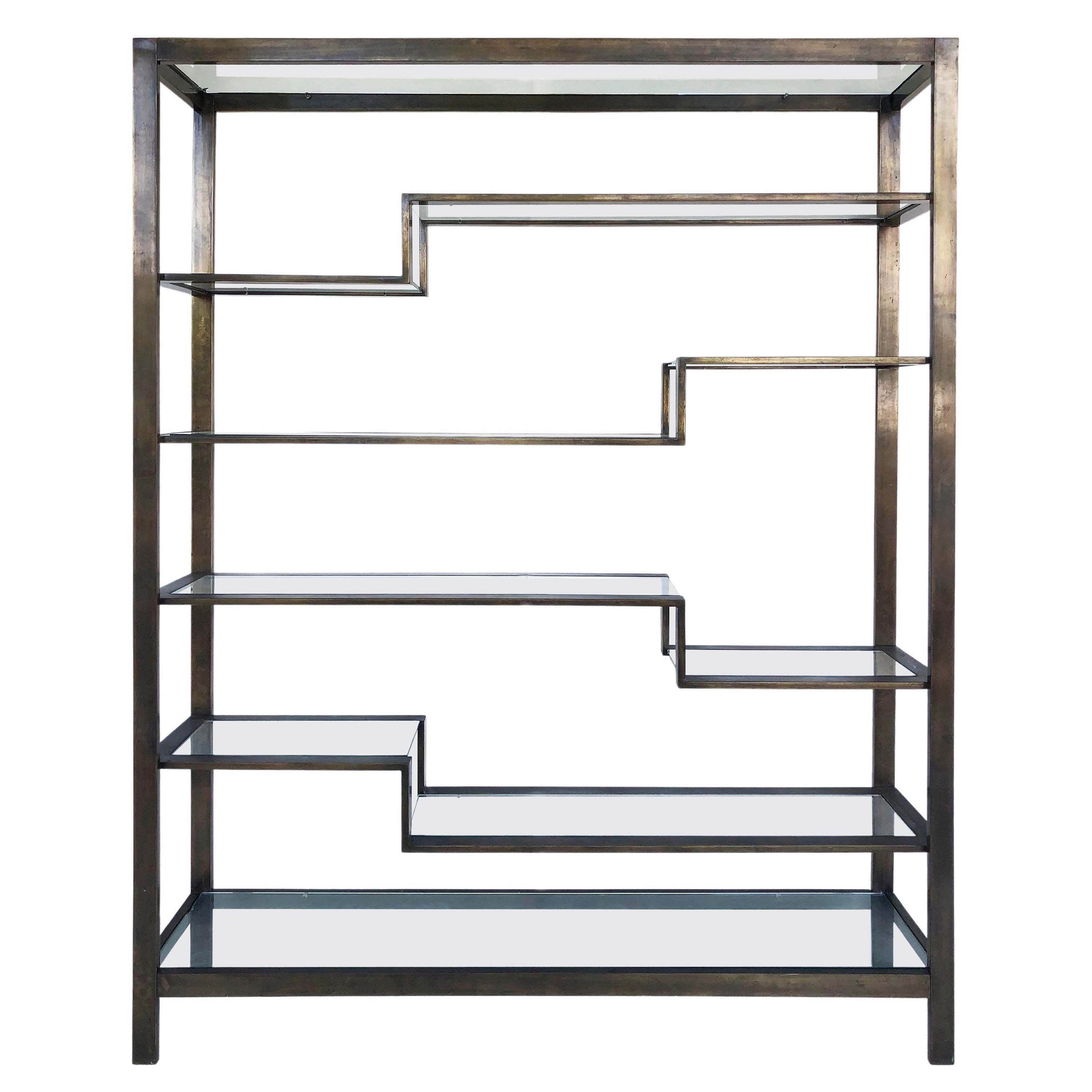 Bronzed Finish Mid-Century Modern Etagere Metal Shelving with Glass Shelves