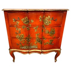 Chinoiserie Red Lacquer and Parcel Gilt Three Drawer Chest Commode