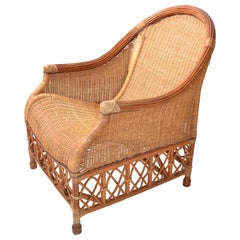 Retro Bamboo, Cane & Wicker Lounge Chair Handwoven Bohemian 1960 Mid-Century Modern
