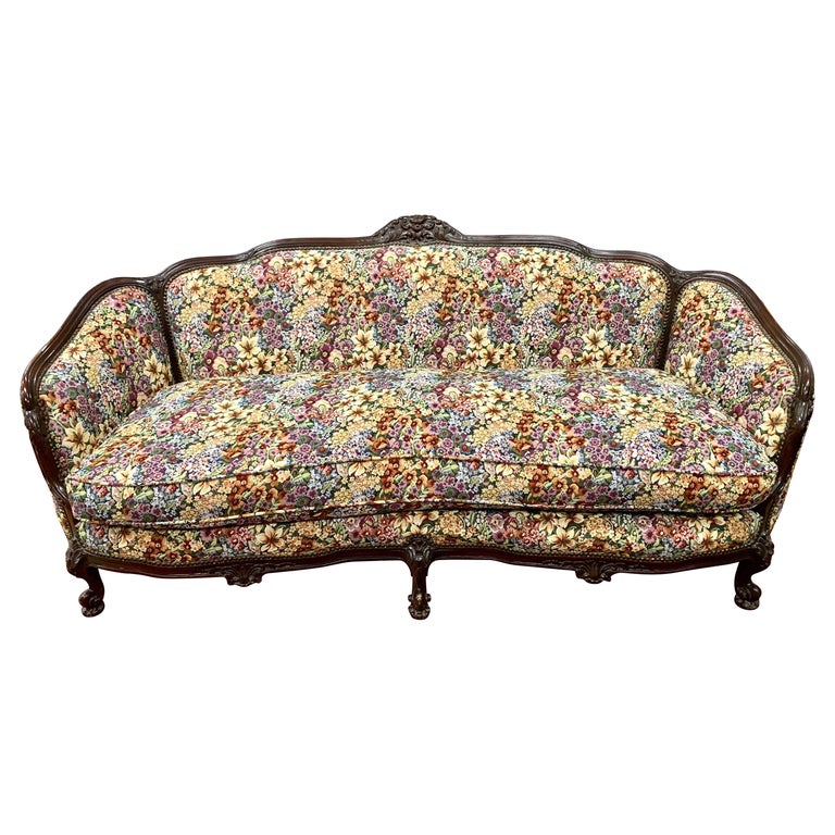 Antique Carved Victorian Sofa With Floral Tapestry Upholstery at