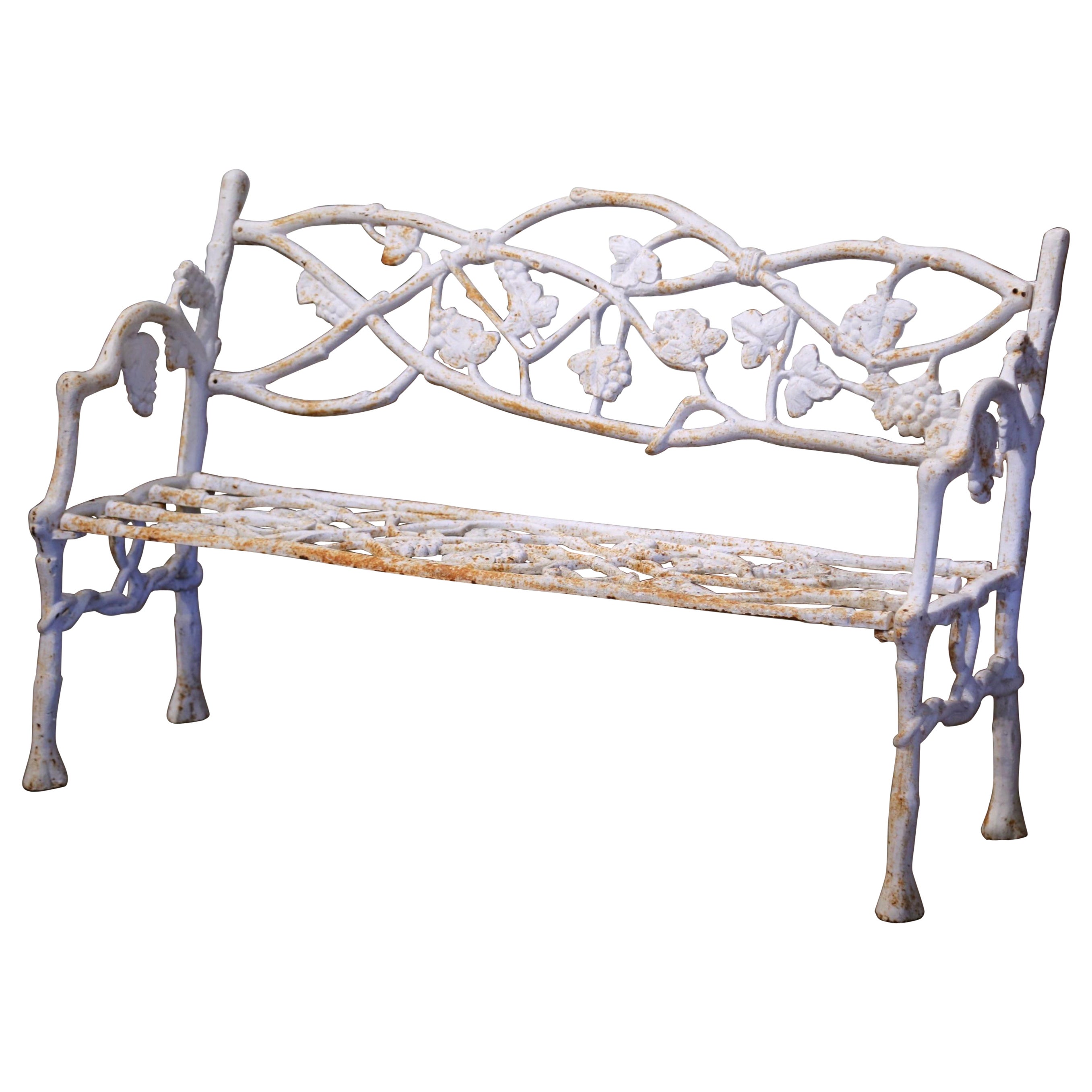 Early 20th Century French White Painted Cast Iron Garden Bench with Vine Motifs