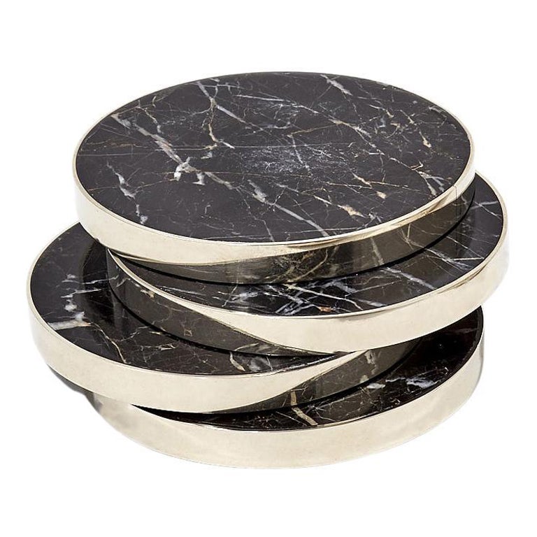 Plateau rond SALTA, argent alpaga, onyx noir et pierre naturelle