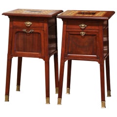 Antique Pair of Early 20th Century Italian Mahogany and Tile Top Bedside Tables