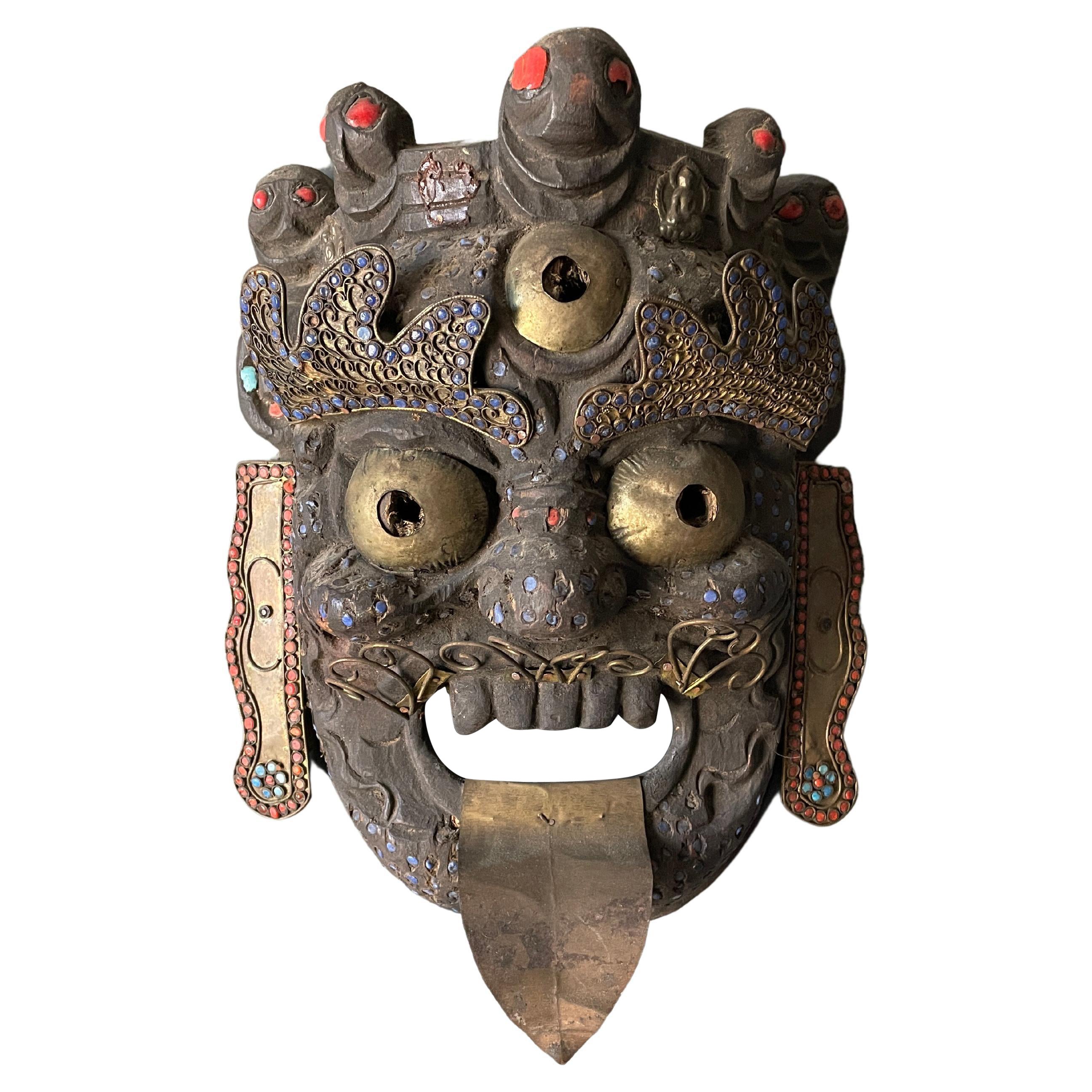 Vintage Tibetan Style Wooden Tribal Mask at 1stDibs
