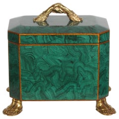 Maitland-Smith Fornasetti Style Faux Malachite Tole Box with Brass Hands & Feet 