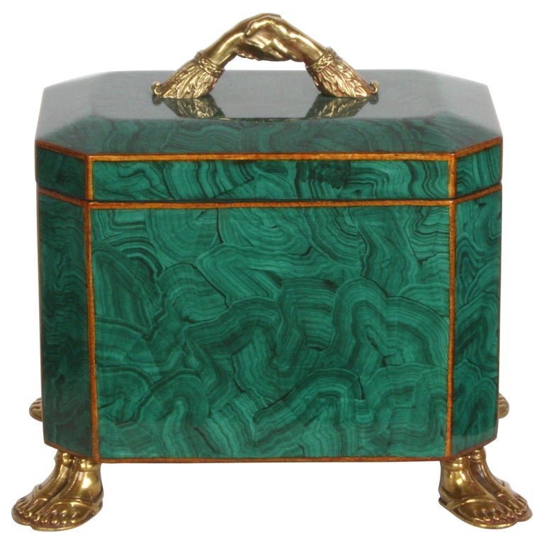 Maitland-Smith Fornasetti Style Faux Malachite Tole Box with Brass Hands & Feet  For Sale