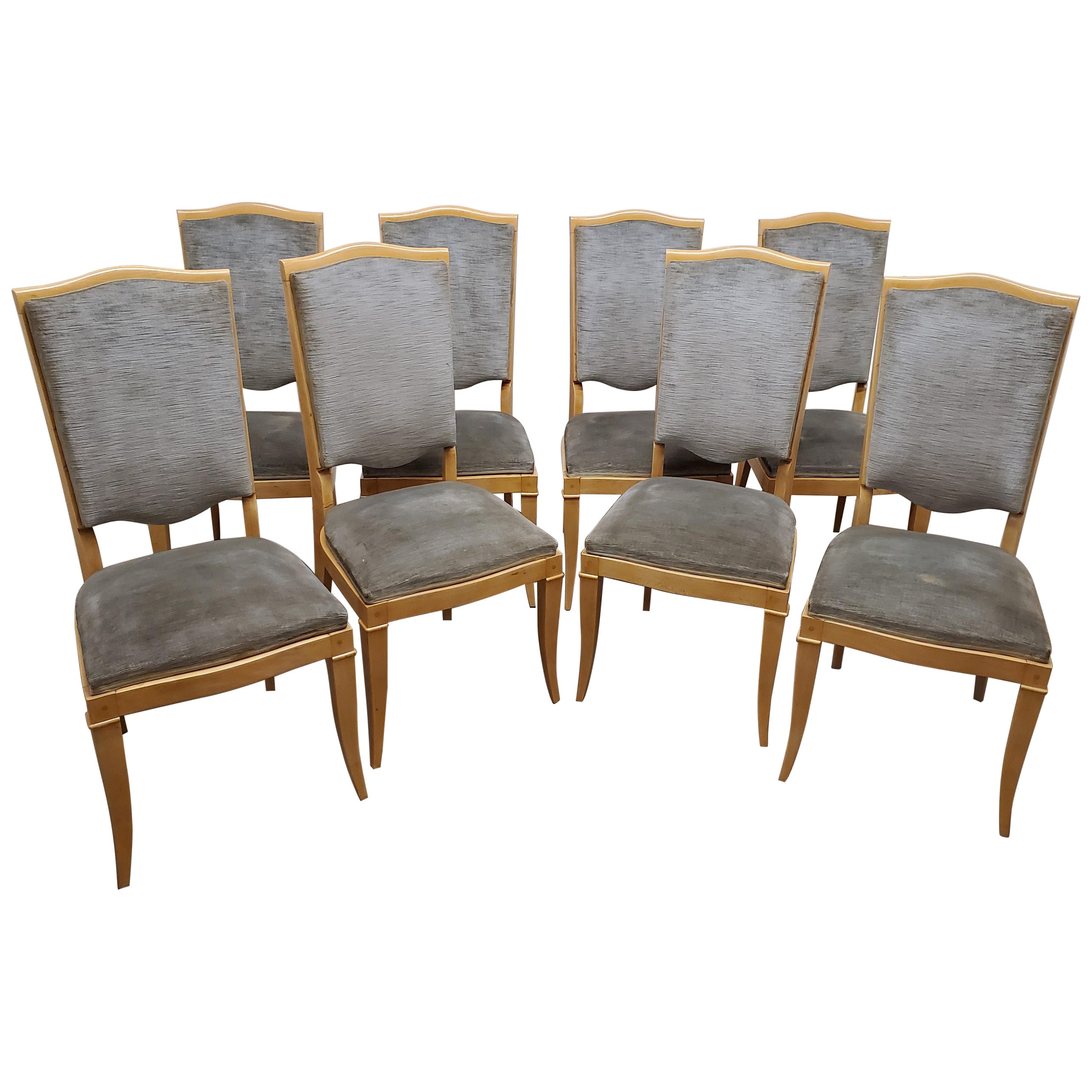 French 1940's Set of Eight Tall Back Dining Chairs in Beech, Attrib to Leleu