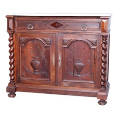 Antique English Elizabethan Carved Walnut Marble Top Sideboard, Circa 1900