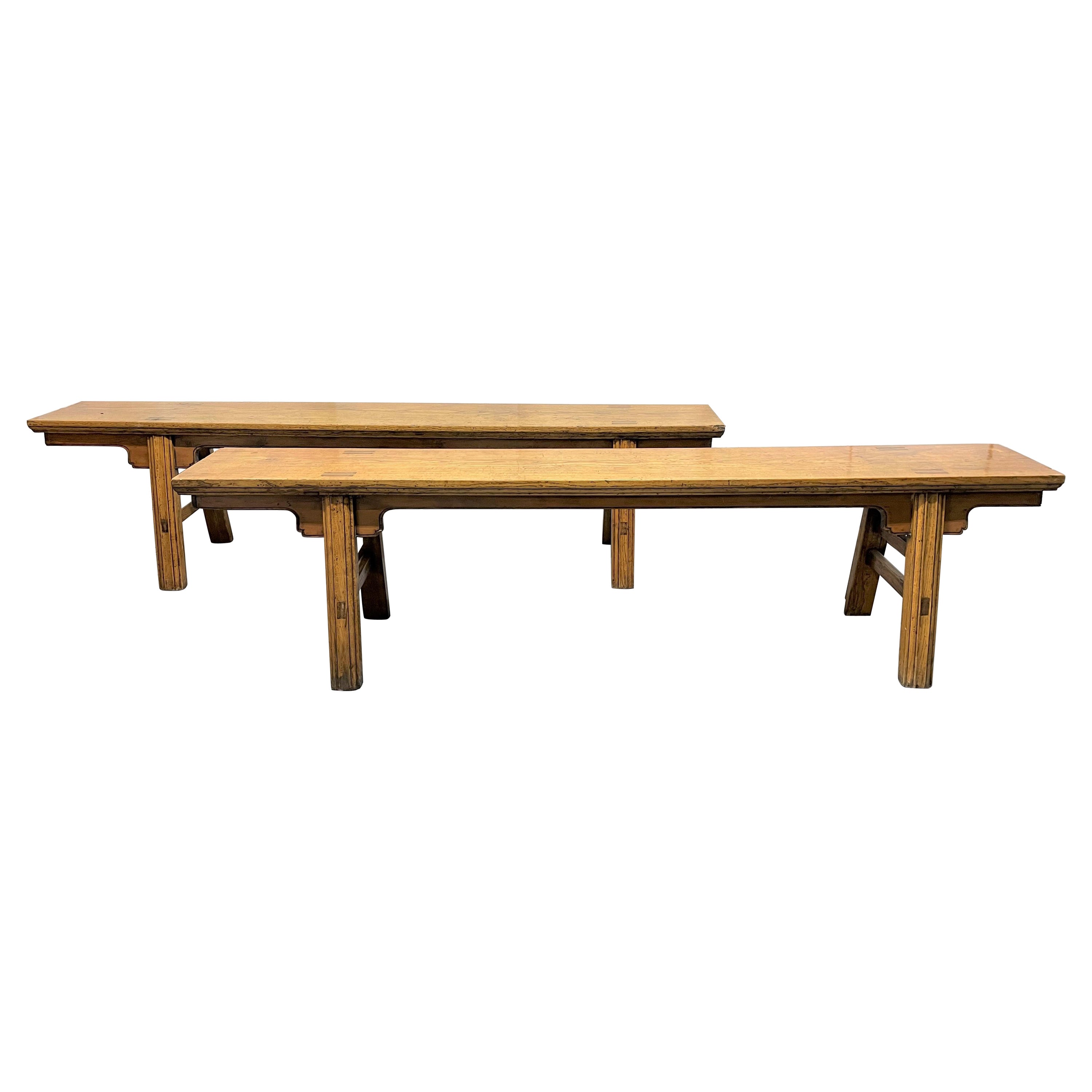 Pair of 19th Century Long Elmwood Asian Benches For Sale