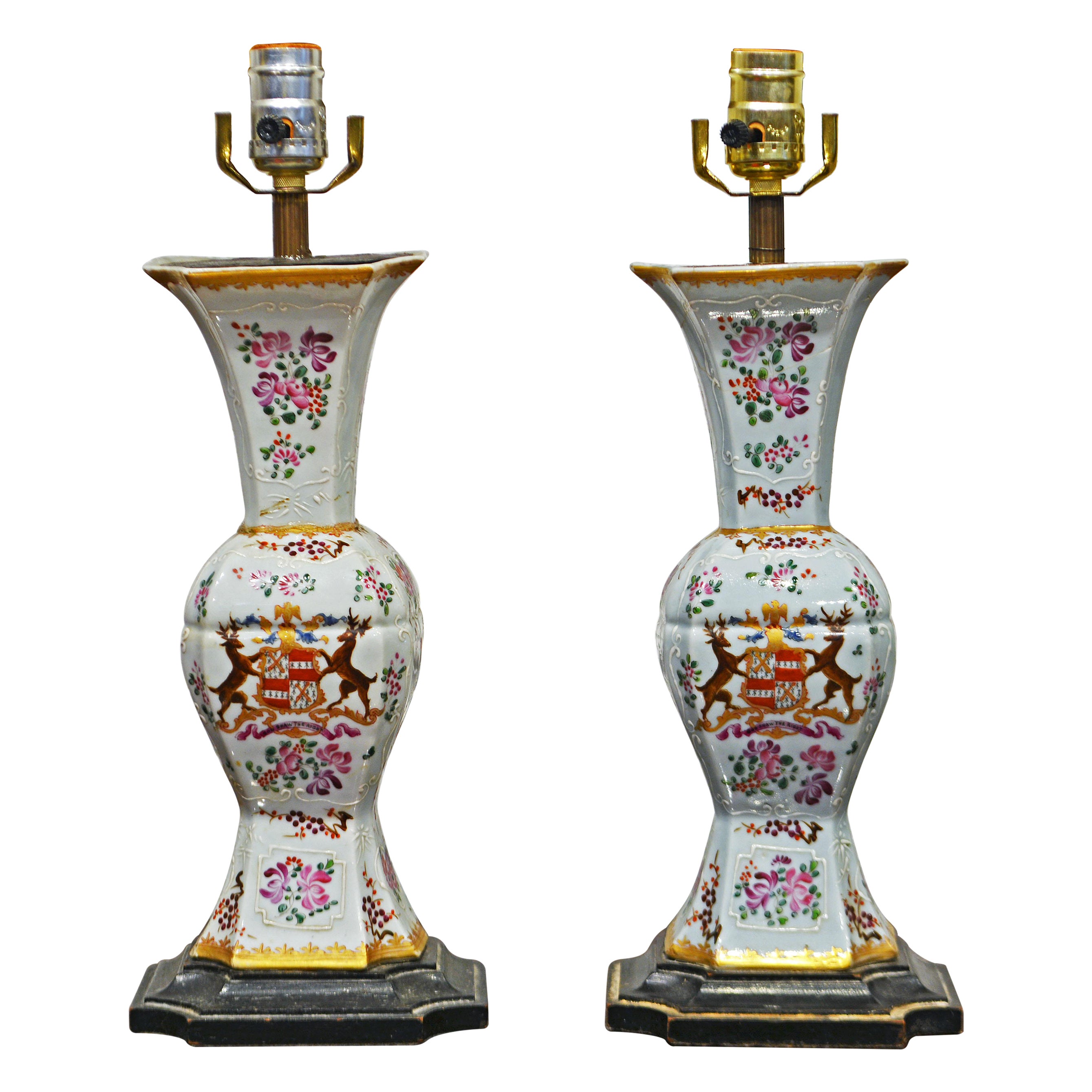 Pair of 19th C. Old Paris Baluster Form Table Lamps in the Famille Rose Taste