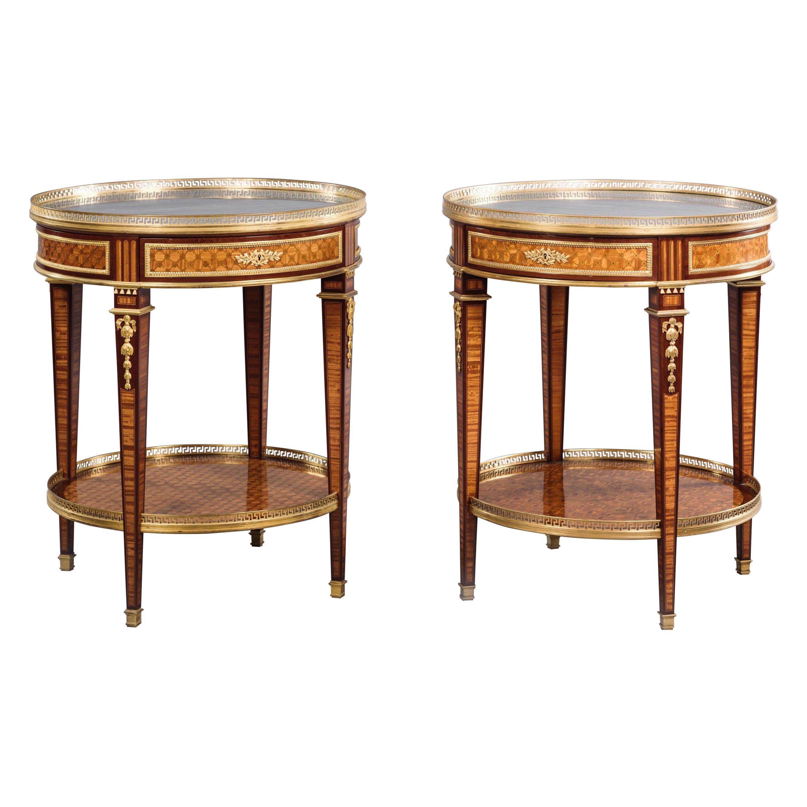 Rare Pair of Louis XVI Style Mounted Parquetry Gueridons For Sale
