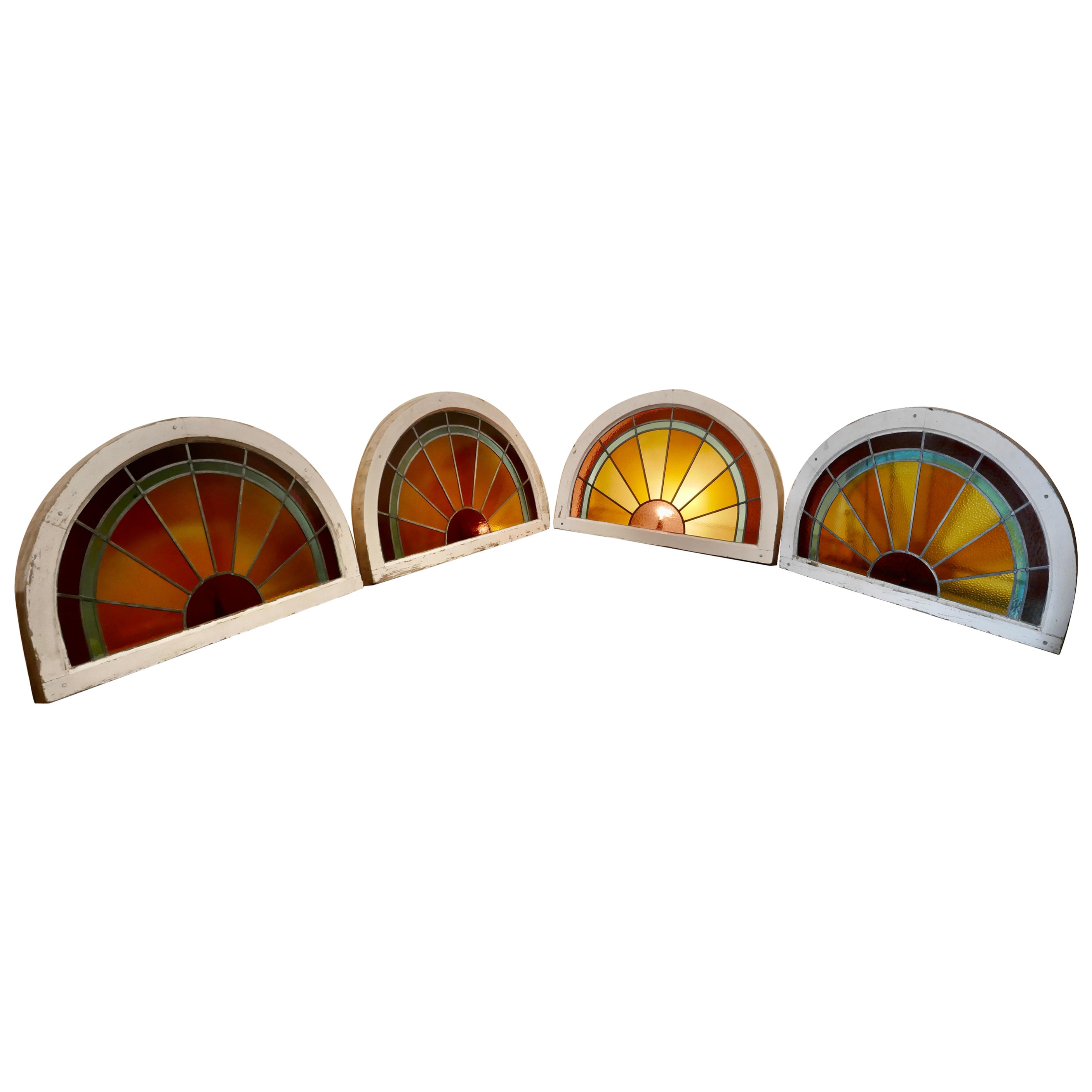 Set of 4 Large Art Deco Arched Sunburst Stained Glass Windows
