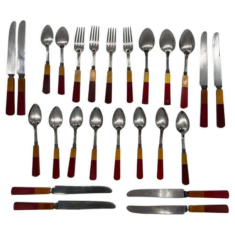 1930s Two Toned Butterscotch and Cherry Red and Green Bakelite Flatware