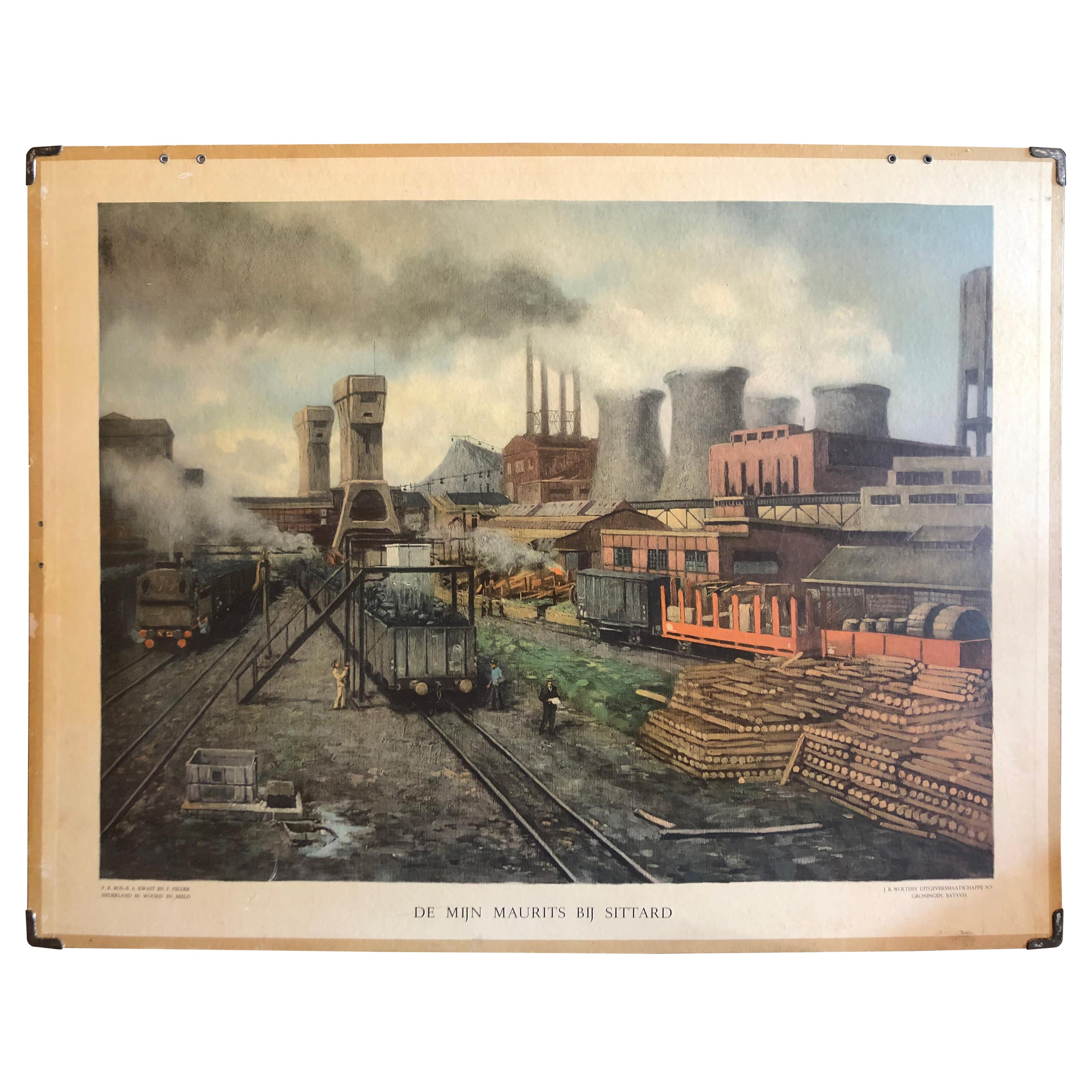 Vintage School Chart of Coal Mining Operation Plus Cross Section on Verso, 1931 For Sale