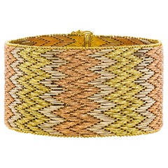 Mid Century Modern 14K Tri-Color Textured Gold Flexible Strap Bracelet