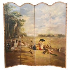 Mid-Century French Hand Painted Four-Panel Folding Screen with Leather Trim
