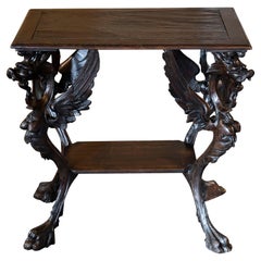 Late 19th Century Griffon Carved Wood Side Table, Leather Details