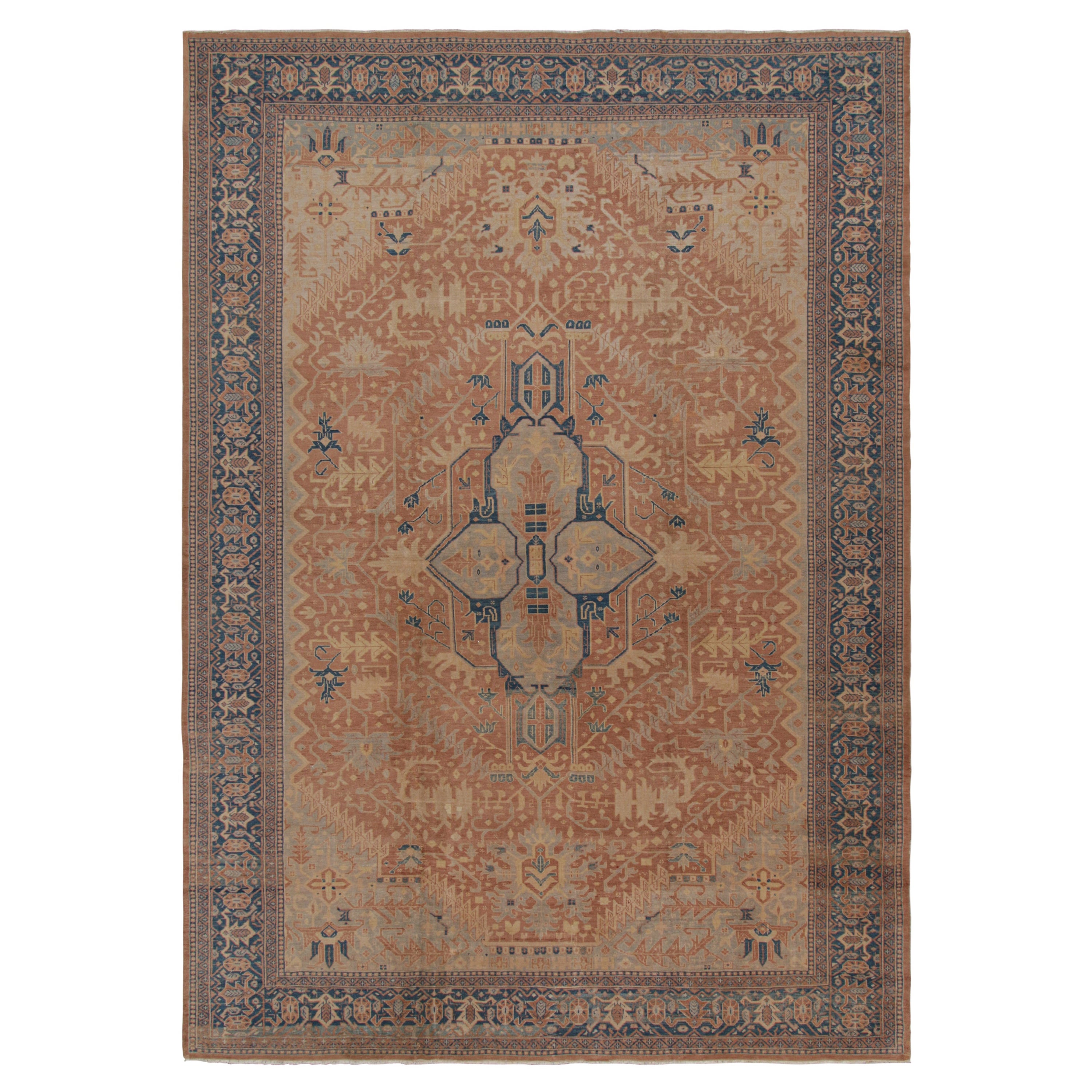Hand-Knotted Antique Sivas Rug in Beige and Blue Floral Pattern