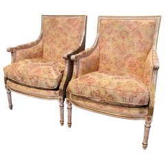 Pair of 19th Century French Louis XVI Carved Painted with Parcel Gilt Armchairs